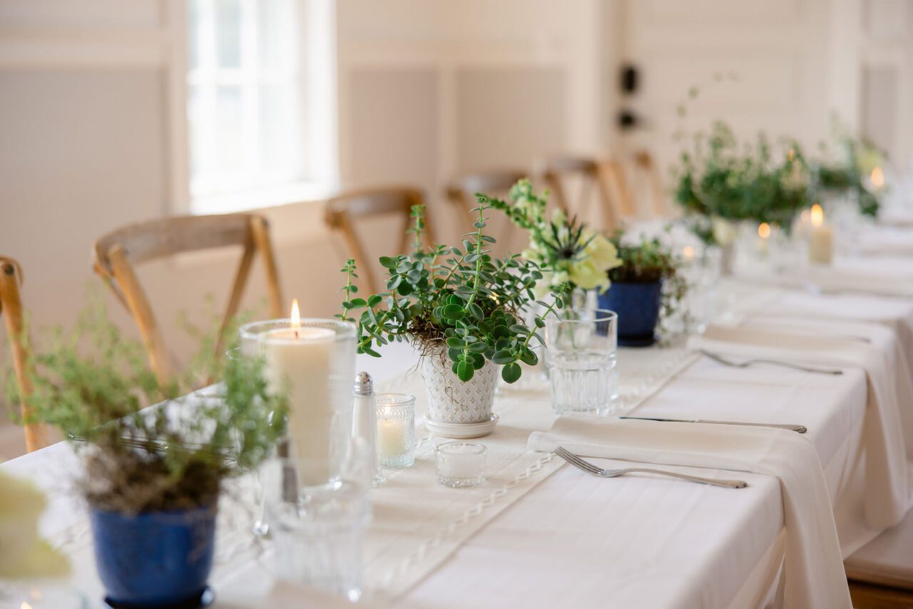 white farm tables with simple beautiful candles and green plants