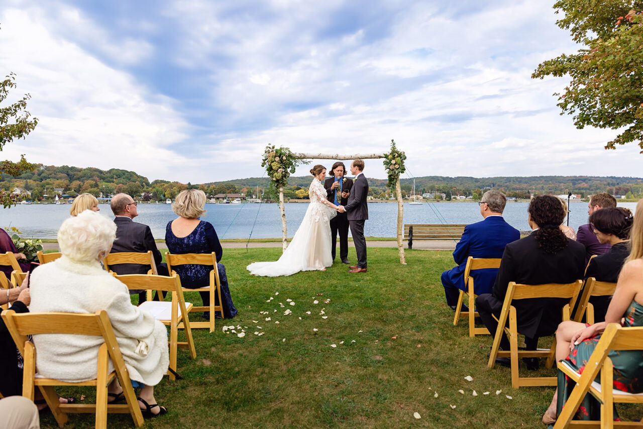 wedding on lawn at the elberta life saving station in Frankfort Michigan