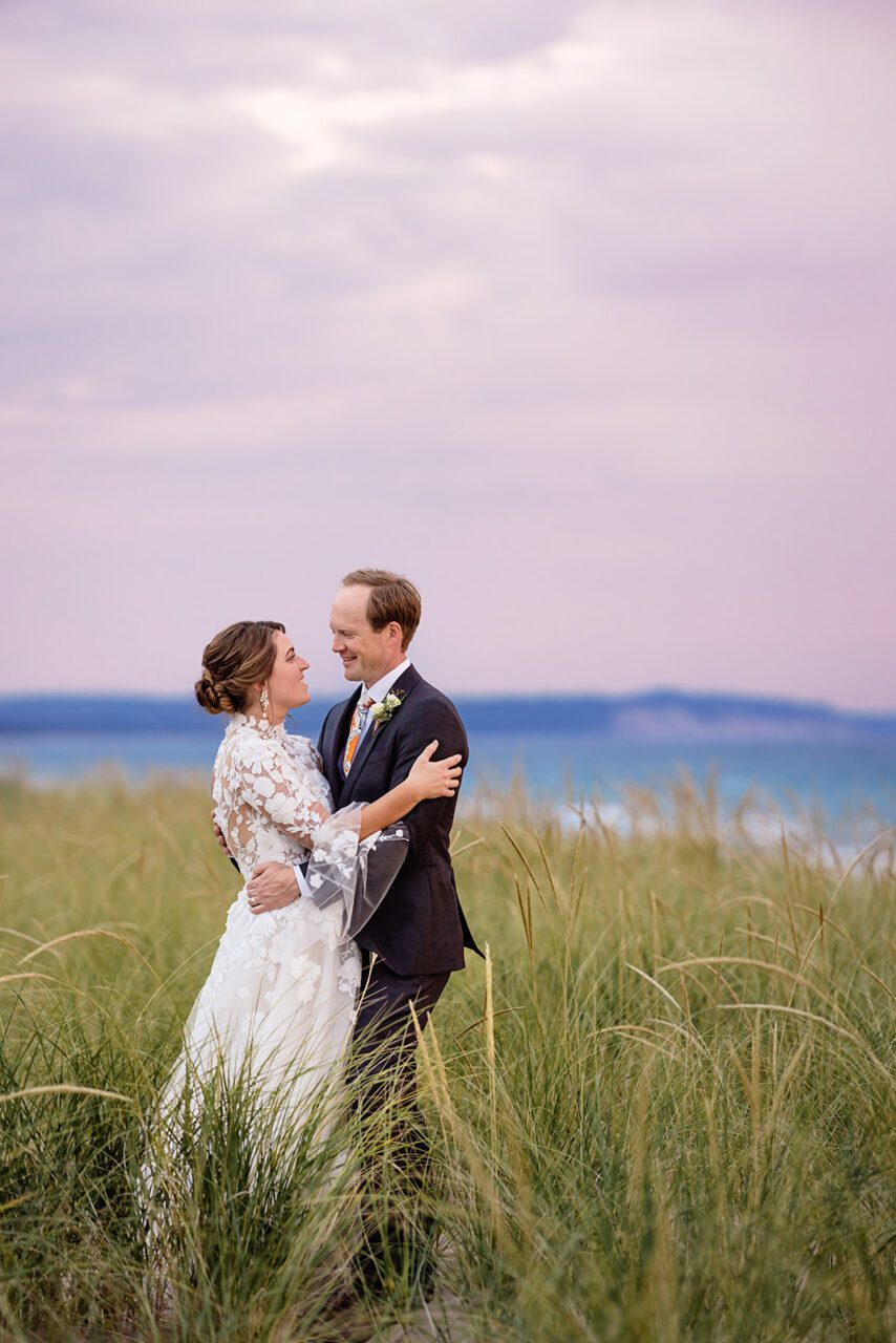 sunset wedding portraits on Elberta Beach